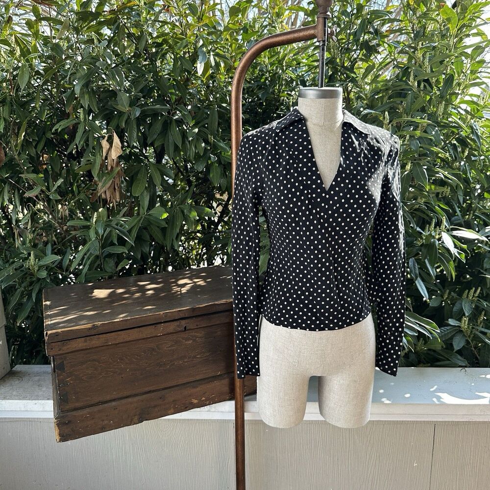 Vintage Polka Dot Blouse Black White V Neck Collar 80s Minimal Chic Retro Sz XS